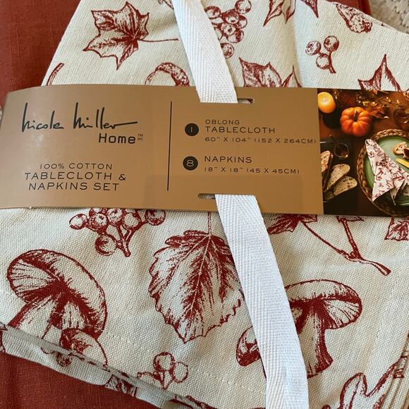 9pc Nicole Miller Fall Forest Toile Cotton 60x104 Tablecloth & Napkin Set NEW - Picture 10 of 15